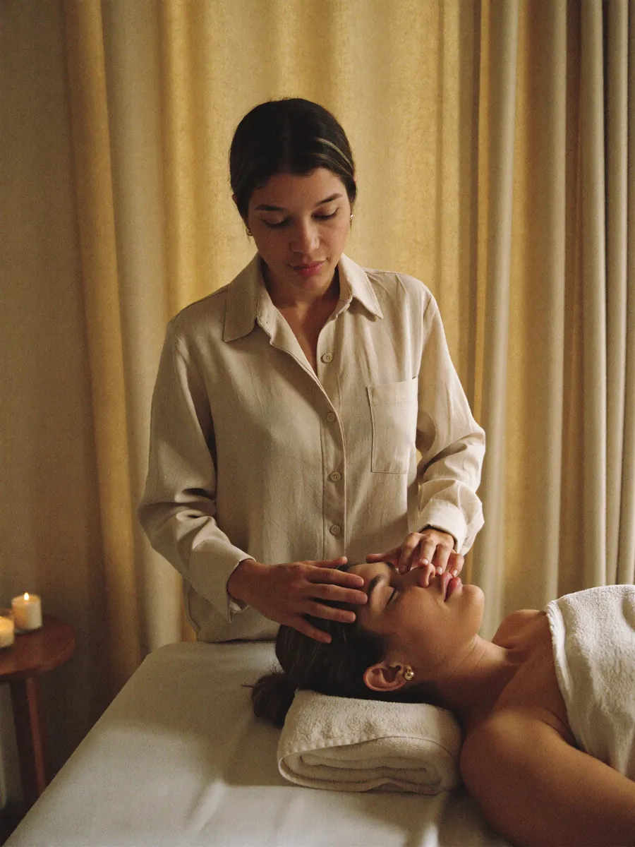 Vitoria massageando as têmporas de uma cliente com os olhos fechados