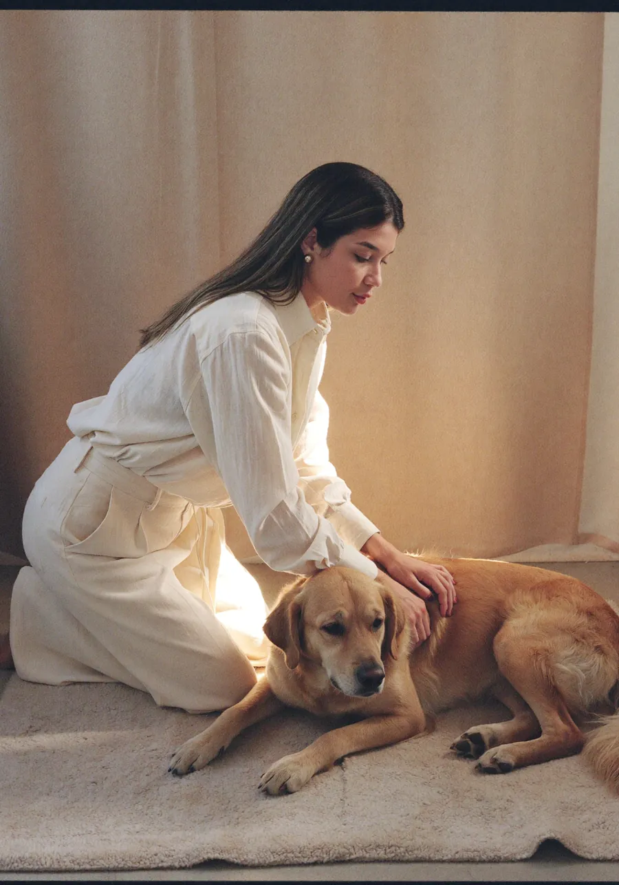 Vitoria com as mãos sobre um cachorro deitado, tranquilo, em um tapete claro